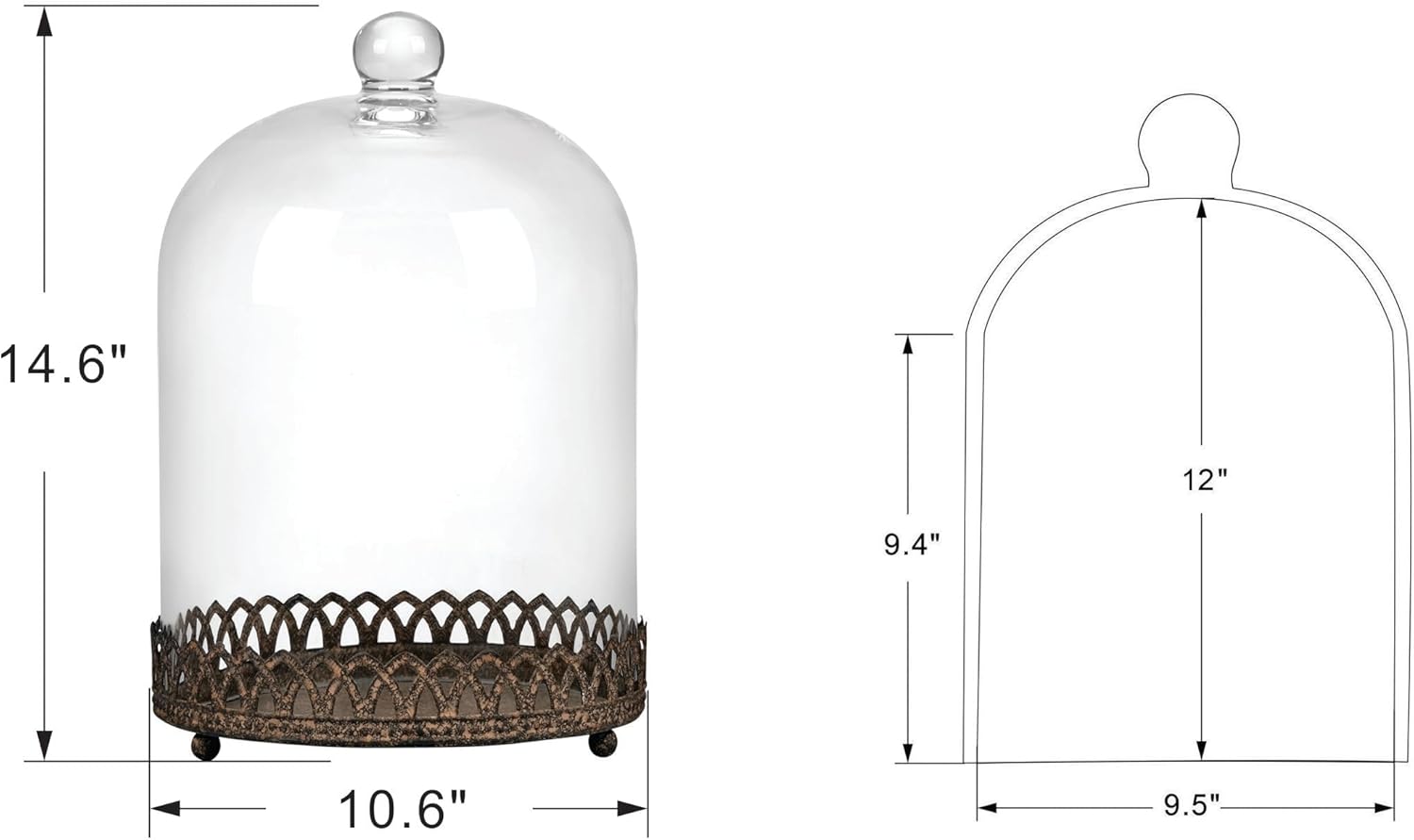 Twakutwku 14" Tall Large Sturdy Handmade Glass Cloche Dome with Metal Base in Rustic Brown for Plant, Terrarium, Collectibles, Candle. Cloche Glass Dome, Bell Jar Display Case (Brown, 14")