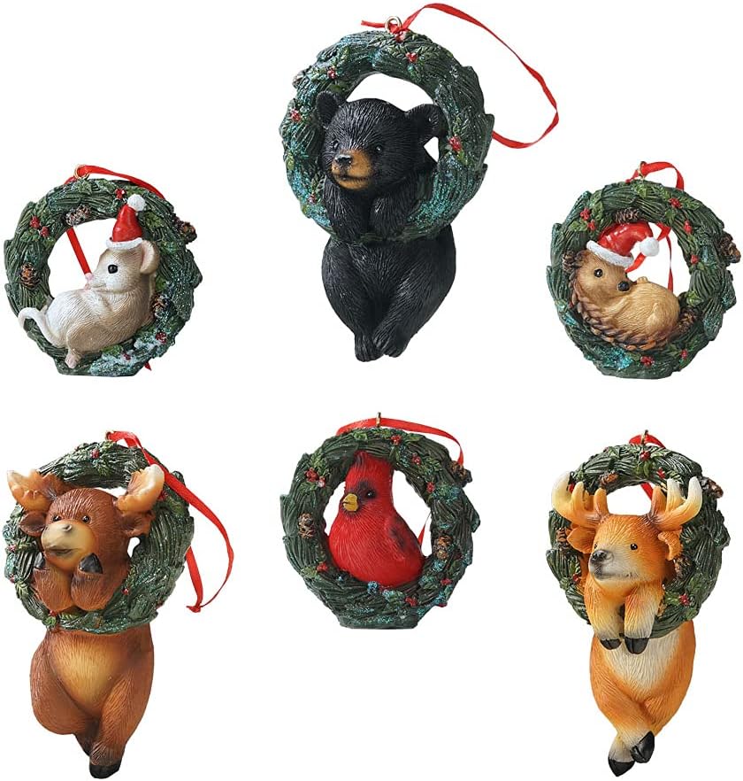 Christmas Small Animal Wreath Swing Ornament Hanging Decor for Xmas Tree Home Office Room Decoration with String (New, Pack of 6)