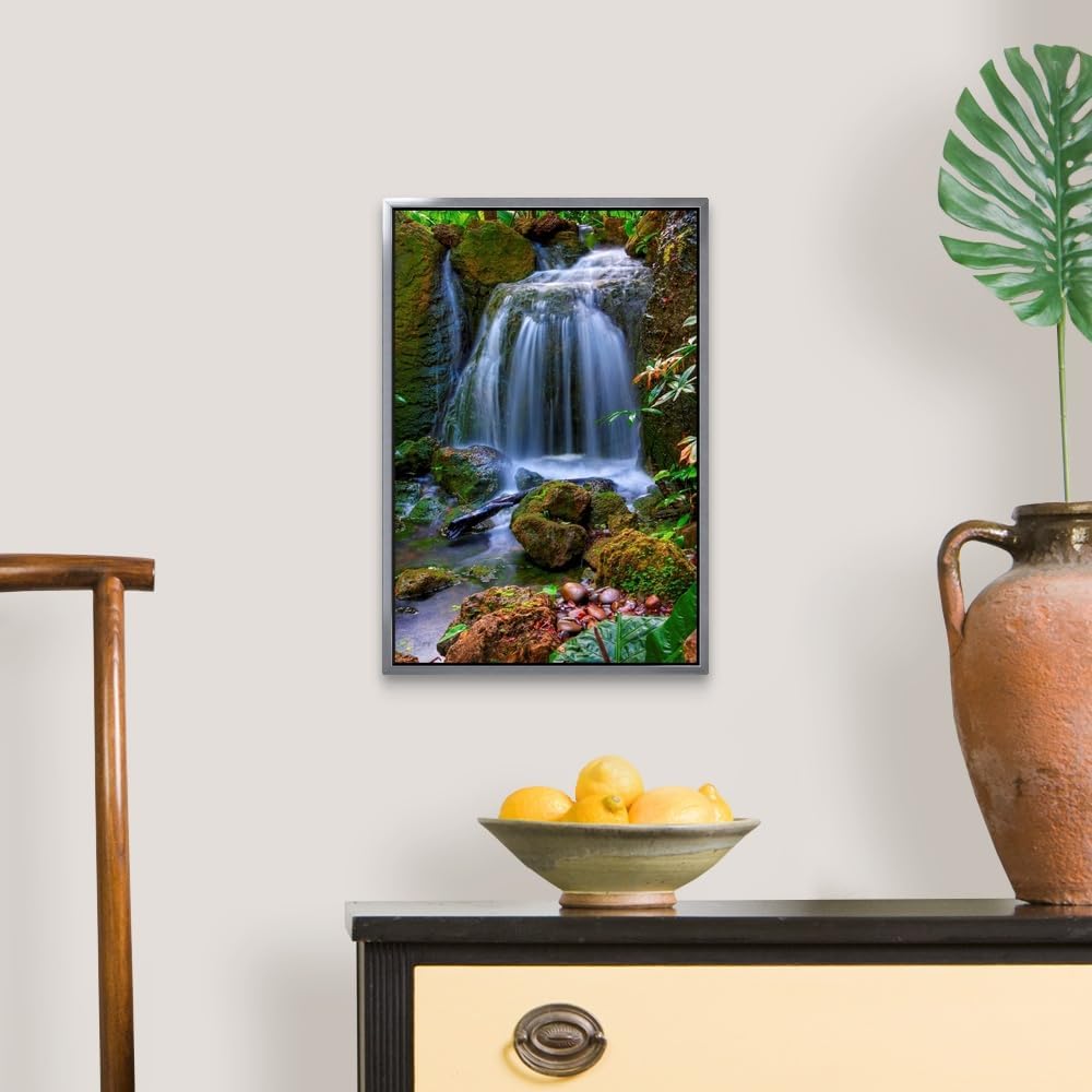 CANVAS ON DEMAND Waterfall in Tropical Rainforest of Fairchild Tropical Gardens, Silver Float Framed Canvas Wall Art Print, Home Decor, Floral, Flowers, Nature Artwork, 12" x18in