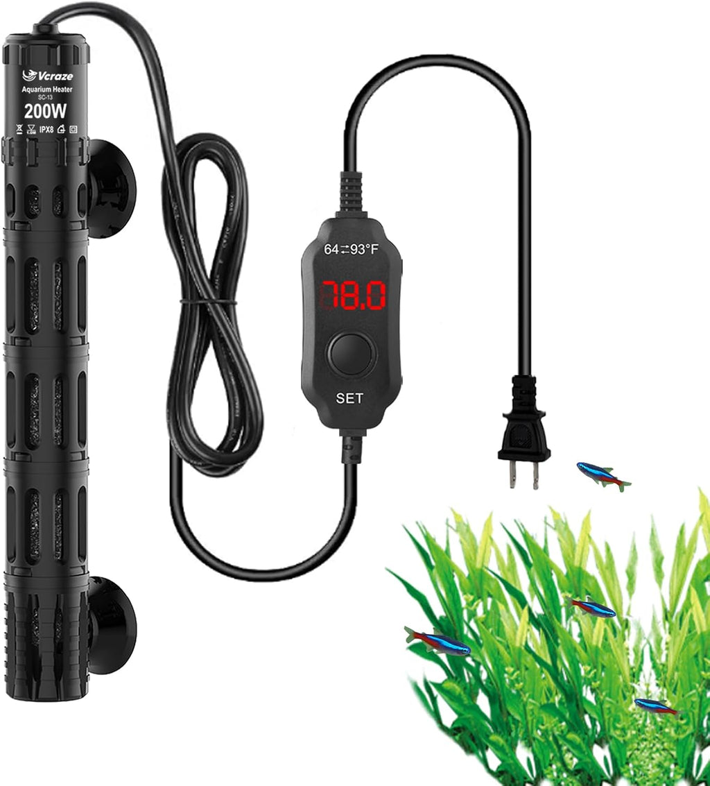 Fish Tank Heater with LED Digital Display Thermostat, Submersible Aquarium Heater with Protective Housing, 200W Adjustable Fish Heater for 20-40 Gallon Tanks