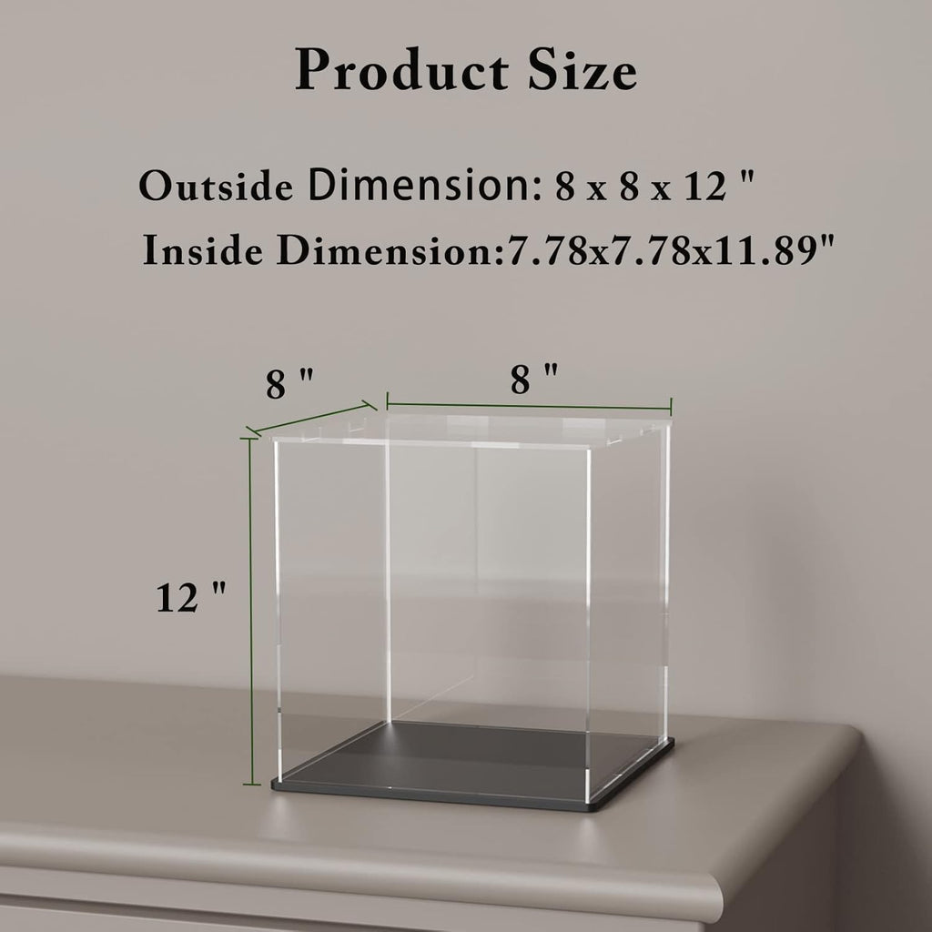 Acrylic Box with Matte Black Base, Simple Self-Assembly Clear Acrylic Display Case, Tall Dustproof Showcase with Lid for Collectibles, Toys and Trophy (8x8x12 inch)