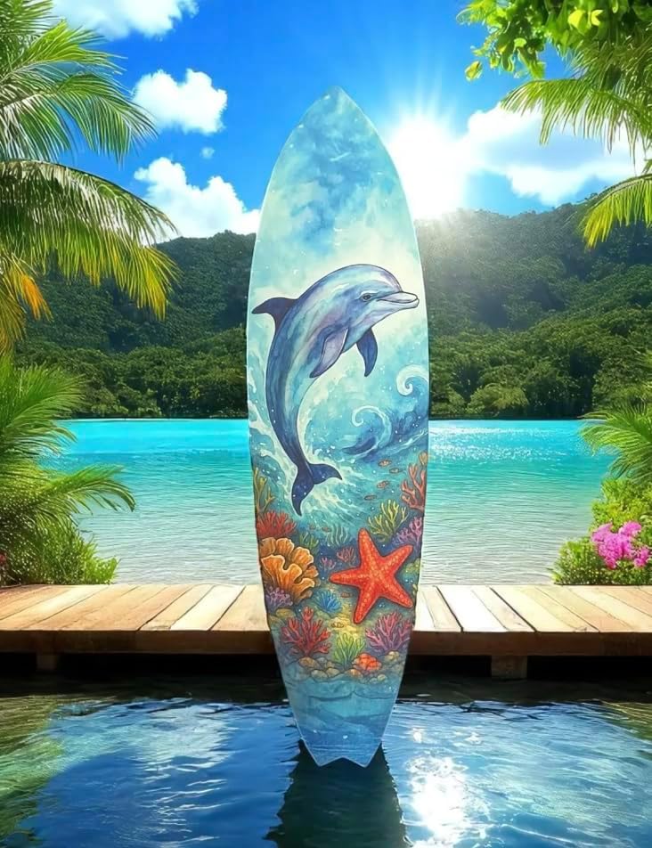 JennyGems Dolphin Surfboard Wall Art Outdoor Coastal PVC Beach House Decor, Ocean Animal Wall Sign, Tropical Underwater Scene with Coral and Starfish, 3 Foot