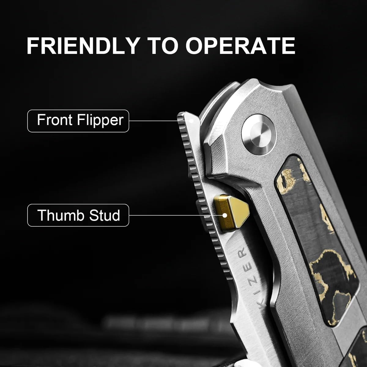 Kizer Feweed Pocket Knife, 2.98" Z-Wear PM Clip Point Blade Folding Knife with Titanium Handle with CamoCarbon Gold, Front Flipper & Thumb Stud Opener EDC Knives for Camping Hiking KI3694A4