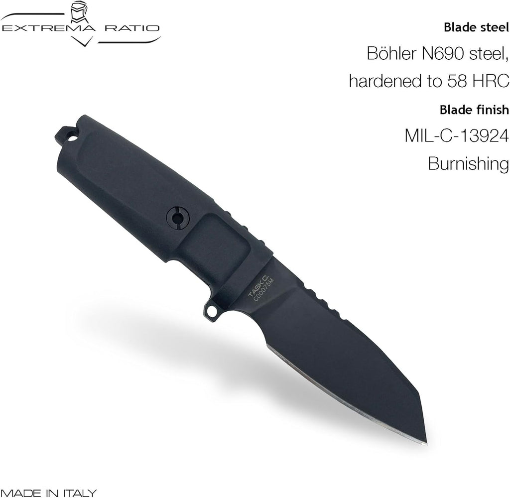 Extrema Ratio - Task C (Black) Fixed Blade Knife, Böhler N690 Steel Blade Hardened to 58 HRC, Burnished Finish, Full-Tang Design, Ergonomic Forprene Handle, Compact and Versatile, Precision Handcrafted in Italy, Reliable Outdoor Knife