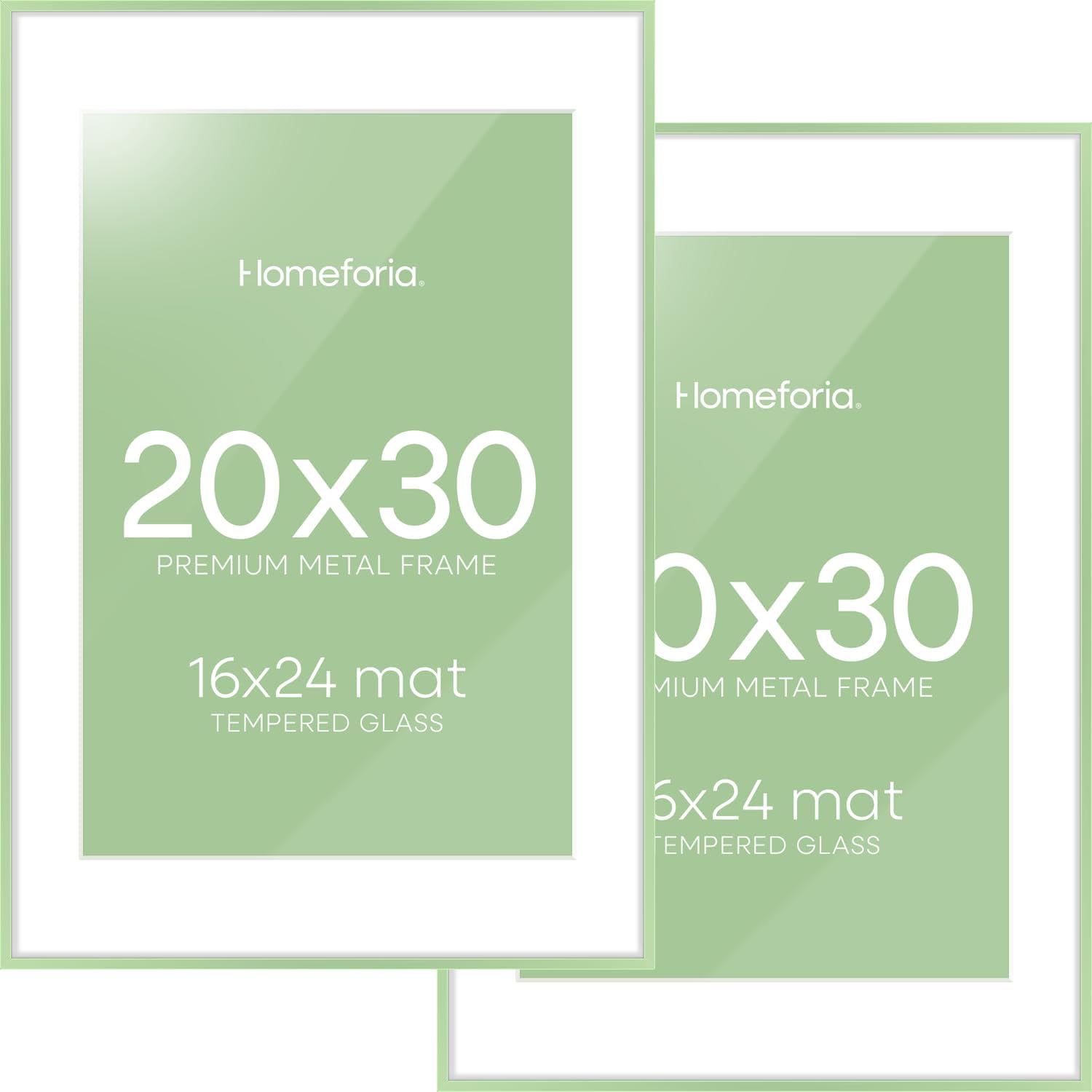 Homeforia 20x30 Frame Sage Green, High End Metal 20x30 Picture Frames with Mat 16x24 inch Photo, 20 x 30 Sage Green Poster Frame Matted to 16 by 24 Art, 30x20 Frame, Tempered Glass, Wall Kit, Set of 2