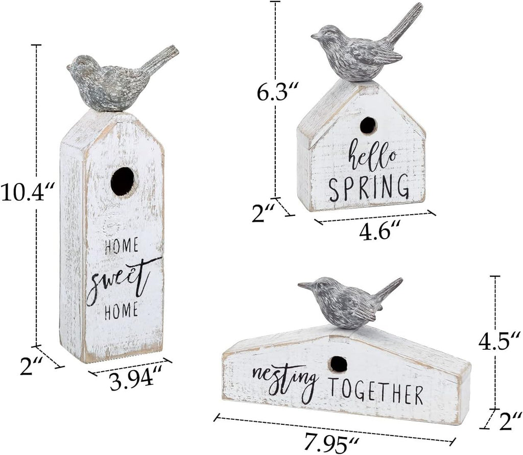 3 Pcs Birdhouse Shaped Wooden Table Decor with Bird Ornament, Rustic Farmhouse Spring Decor for Shelf Mantel Desk Decoration, Housewarming Gift, Hello Spring, Nest Together, Home Sweet Home