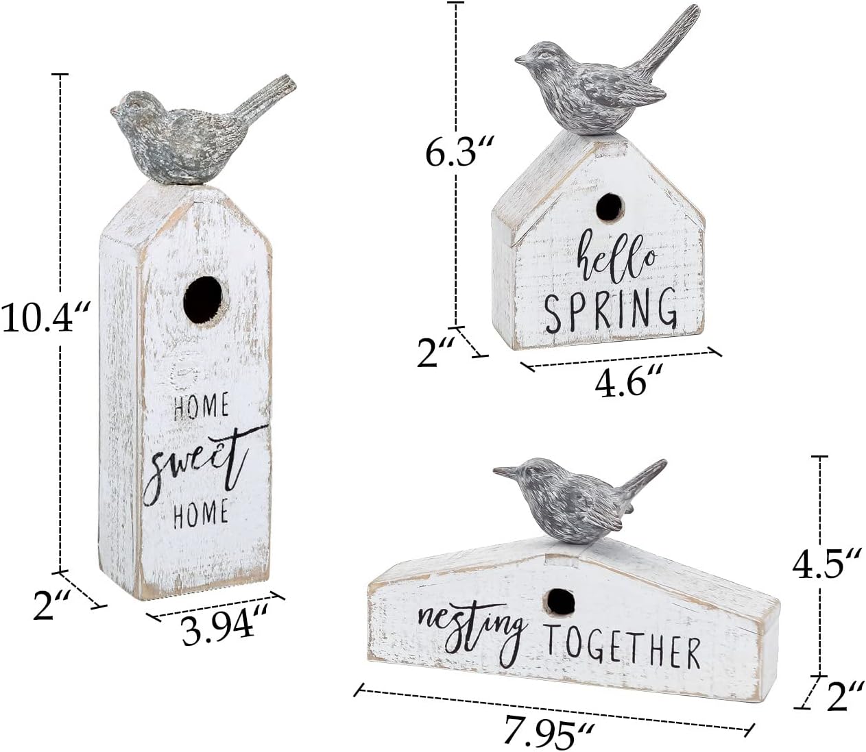 3 Pcs Birdhouse Shaped Wooden Table Decor with Bird Ornament, Rustic Farmhouse Spring Decor for Shelf Mantel Desk Decoration, Housewarming Gift, Hello Spring, Nest Together, Home Sweet Home