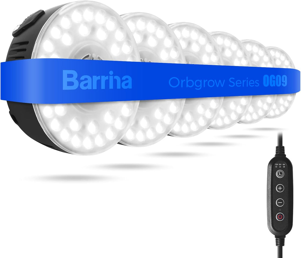 Barrina Orbgrow OG09 Puck Grow Light, 5000K 54W(6 x 9W, 810 Watt Equiv), Full Spectrum Plant Light for Indoor Plants, Magnetic & Linkable with Timer, 5 Levels Dimmable for Plant Shelf, 6 Packs, Black