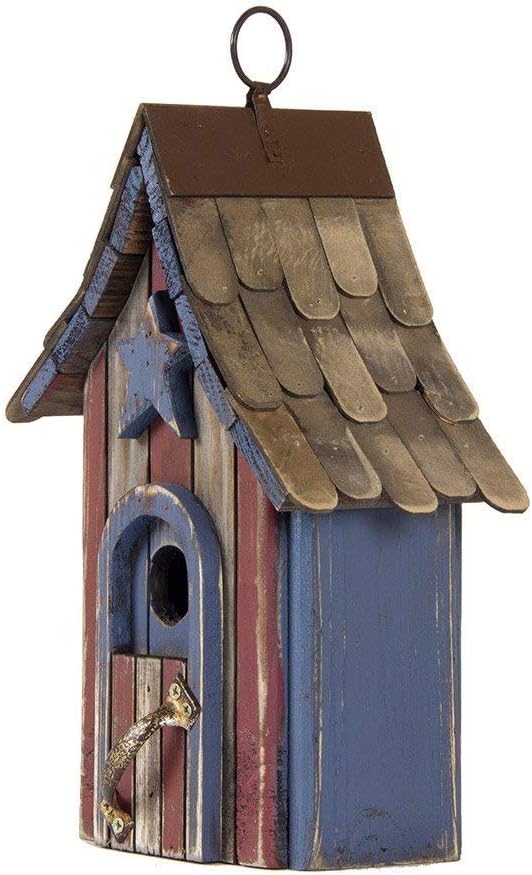Glitzhome Bluebird House for Outside, Patriotic USA Wooden Hanging Birdhouse Hummingbird House Garden Outdoors Bird House with Door Handle for Hummingbird,Sparrow,Wren Finch,Cedar - 11.75 Inch Height