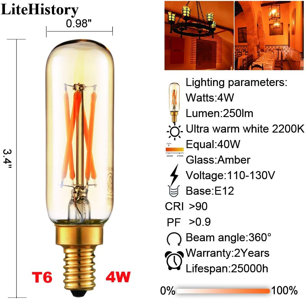 LiteHistory Dimmable T6 led Bulb 40W Candelabra led 2200K Amber 250lm 4W e12 T25 led Bulb 6Pack