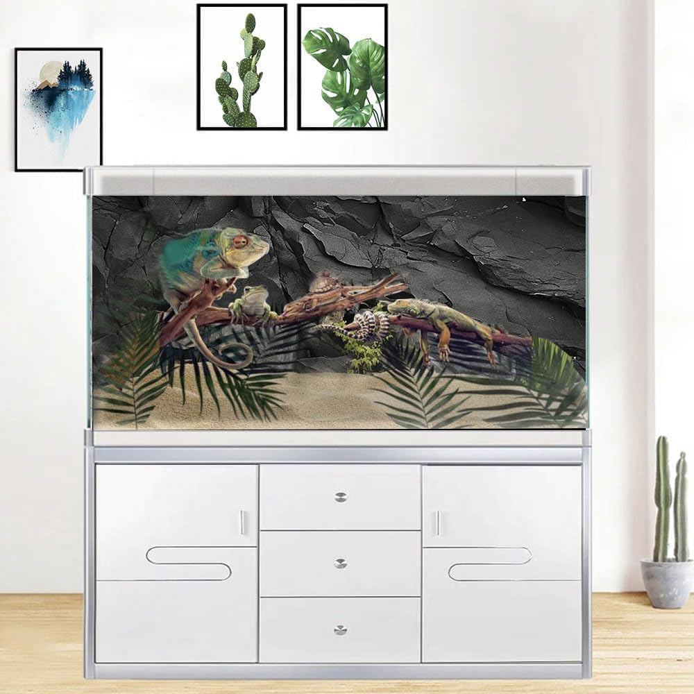 Stone Aquarium Background, Underwater Black Rock Fish Tank Background Rocky Terrarium Background, Polyester Background with 6 EVA Double-Sided Tapes 36x18 inches/90x45