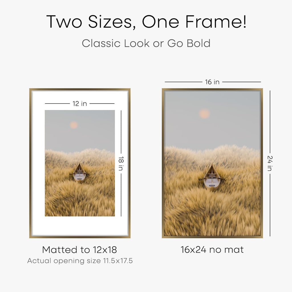 Homeforia 16 x 24 Bronze Frame, High End Metal 16x24 Brass Picture Frames with Mat 12x18 Photo, 16 x 24 Poster Frames Matted to 12 by 18 Print, 24x16 Hanging Frames, Tempered Glass, Wall Kit, Set of 2