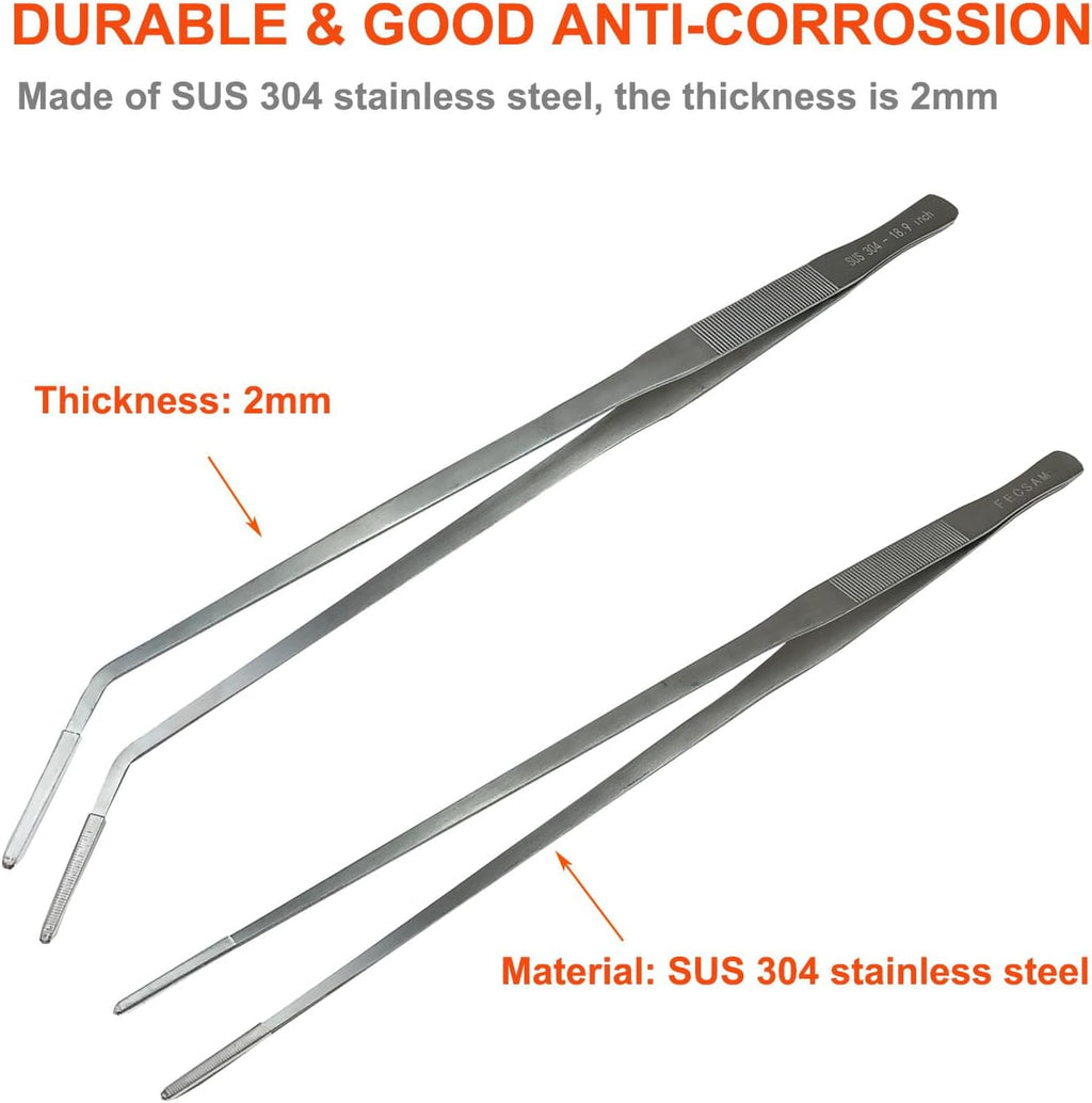 Extra Long Tweezers with Rubber Cover Tips, Fecsam Feeding Tongs - 2 Pack/18.9 inch Aquarium Stainless Steel Large Aquascape Tools for Fish Tank, Terrarium，Aquascaping, Reptile, Bearded Dragon