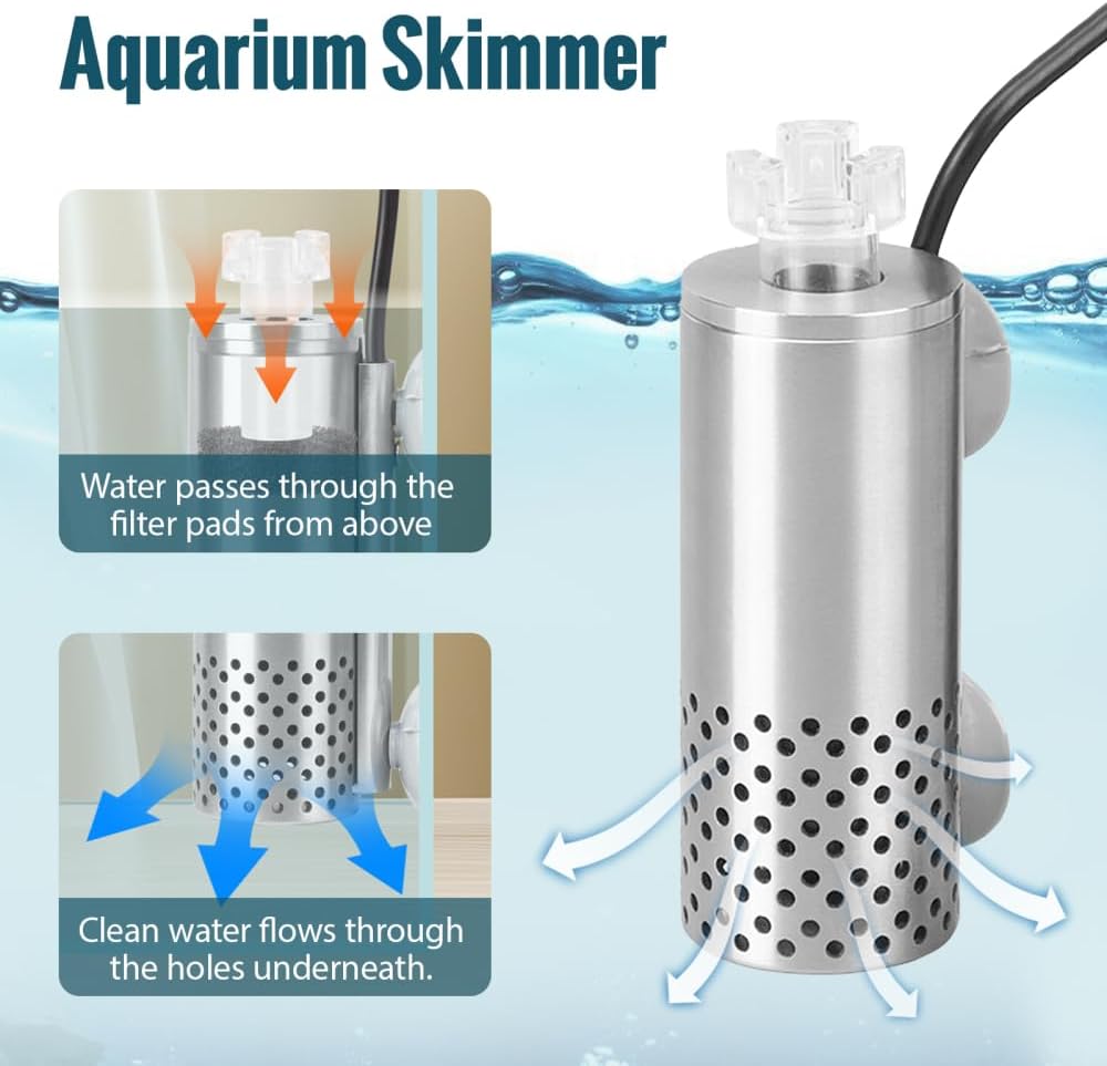 MiOYOOW Mini Aquarium Surface Skimmer, Suction Cup Auto Fish Tank Removal Tool Compact Internal Tank Strainer for Remove Film and Oil from Water