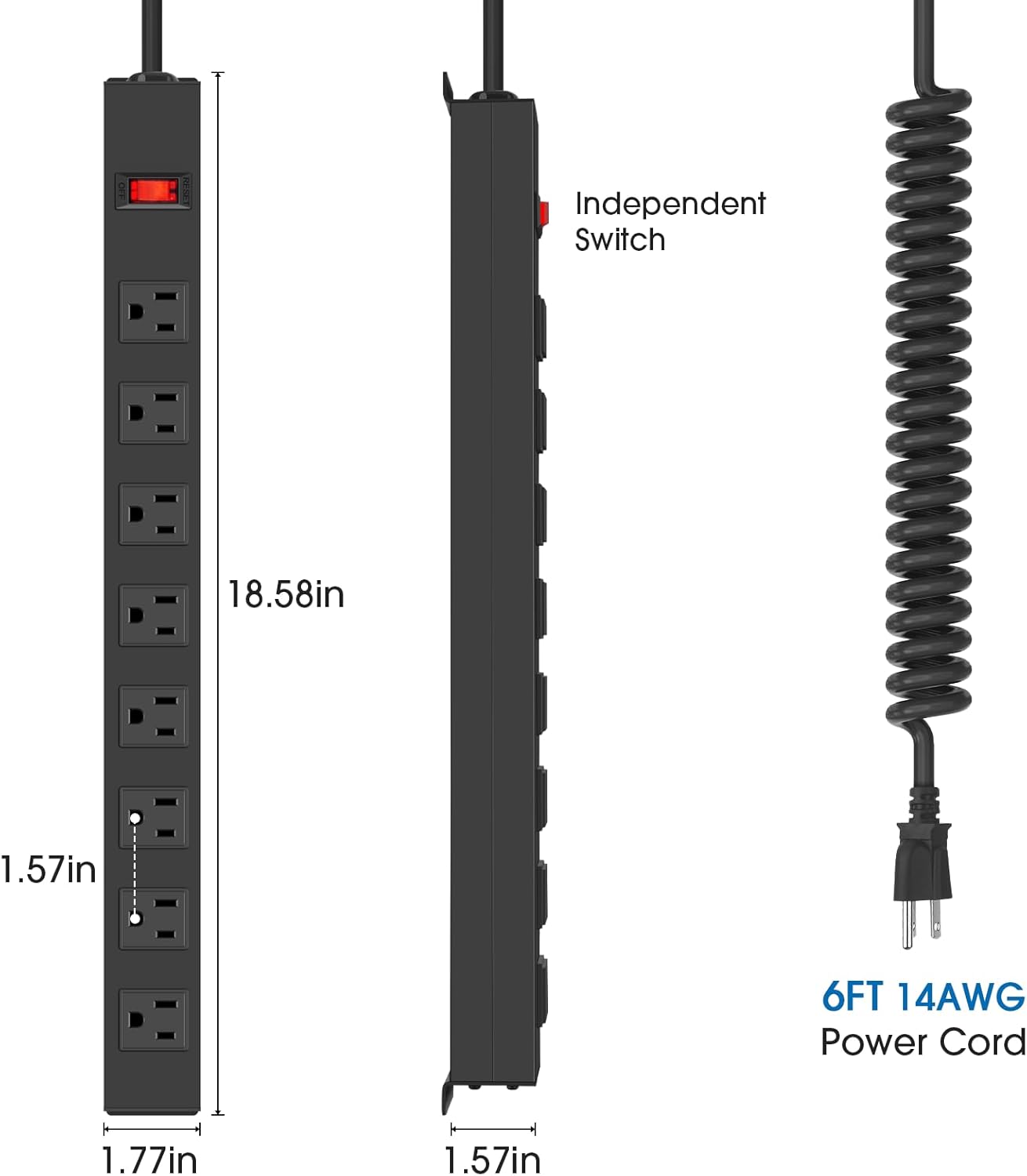 HHSOET 2 Pack 8 Outlet Metal Wall Mount Power Strip, Surge Protector Long Power Strip with Switch, Heavy Duty Wide Spaced Surge Protector, 6 FT SJT 14AWG Black Spring Cord.