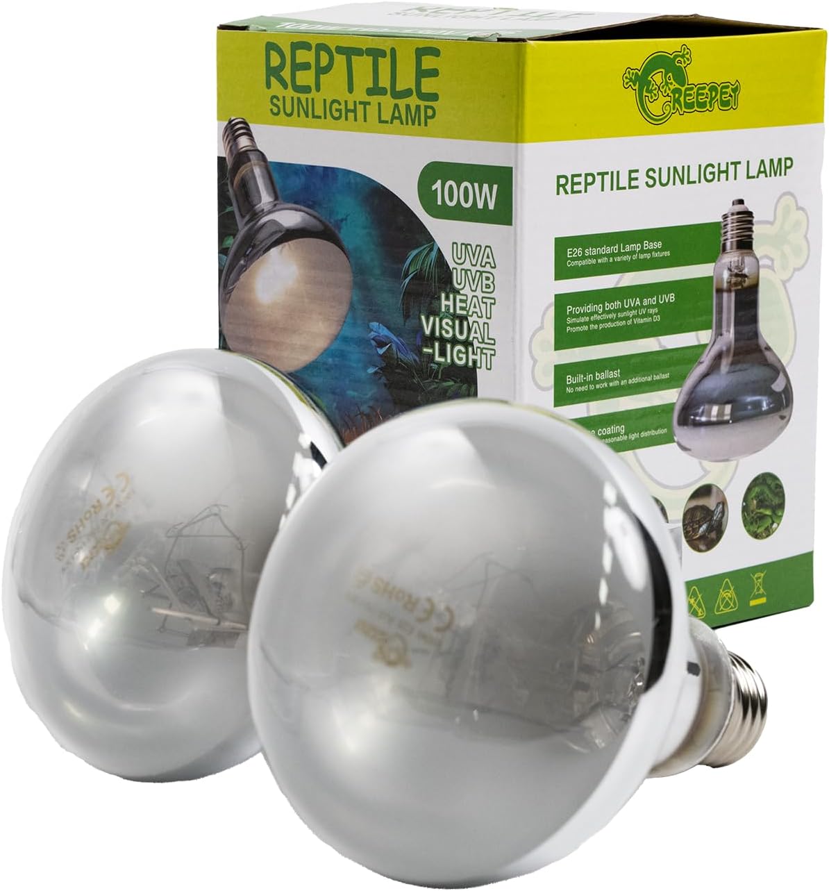 100W Heat UVA UVB Reptile Light, Full Spectrum Self-Ballasted Basking Sunlight Heat Bulb for Reptile and Amphibian Use E26 2 Pack