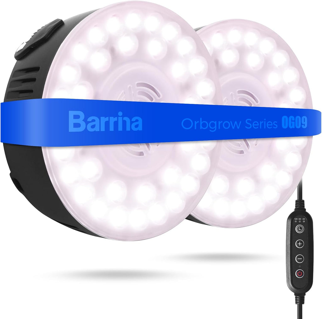 Barrina Orbgrow OG09 Puck Grow Light with Timer, Pinkish White 18W(2 x 9W, 270 Watt Equiv), Full Spectrum Plant Light for Indoor Plants, Magnetic & Linkable, 5 Levels Dimmable, 2 Packs, Black