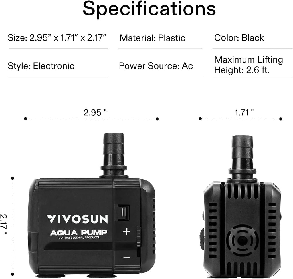 VIVOSUN 130GPH Submersible Pump(500L/H, 6W), Ultra Quiet Water Pump with 2.6ft High Lift, Fountain Water Pump with 5ft Power Cord, 2 Nozzles for Fish Tank, Pond, Aquarium, Statuary, Hydroponics