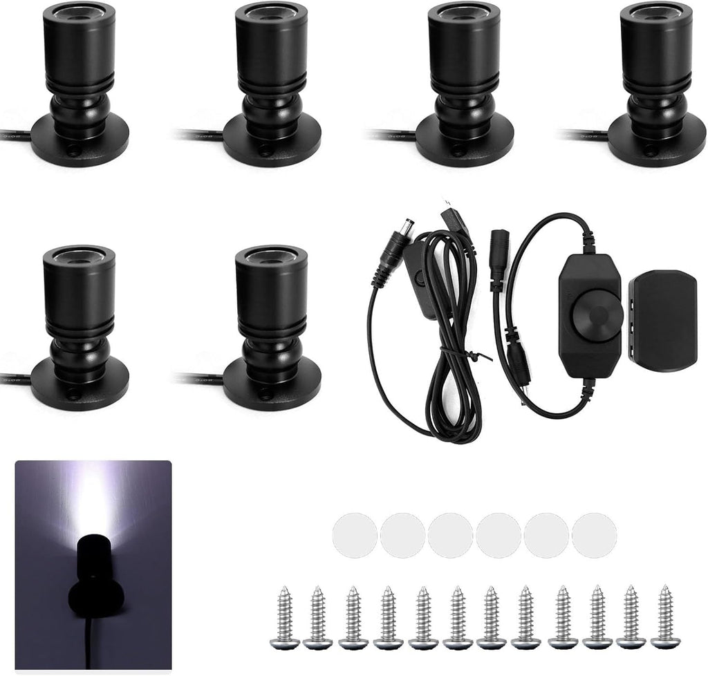 USB-Powered Dimmable Mini Jewelry Display Lights, 6-Pack 1W Adjustable Mini Spotlights, Cold White Spotlight，Led Spotlight for Counter Cabinet Showcase with Brightness Control Switch