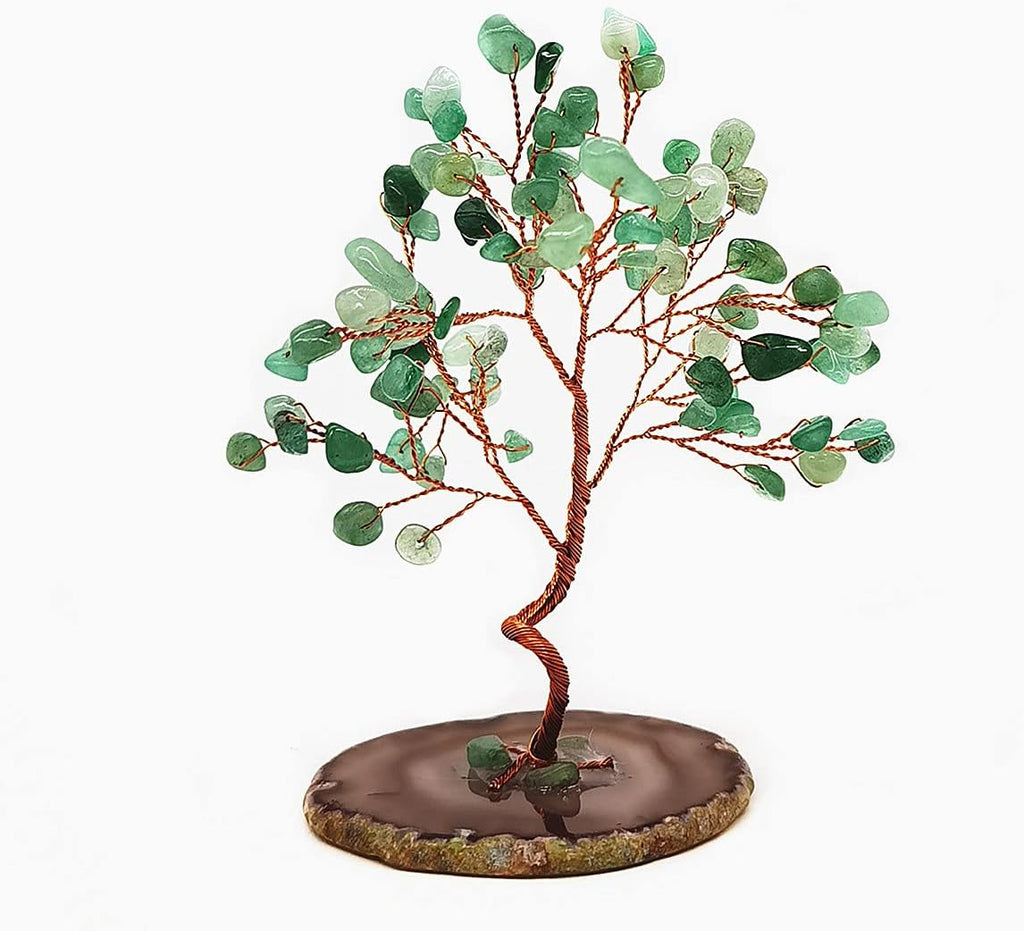Quartz Crystal Feng Shui Money Tree Natural Agate Flakes Geode Base Bonsai Style Decoration for Luck and Wealth 3.6"- 4.6"(Green)
