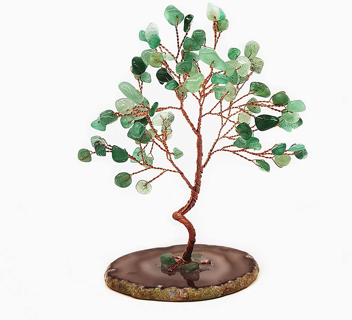 Quartz Crystal Feng Shui Money Tree Natural Agate Flakes Geode Base Bonsai Style Decoration for Luck and Wealth 3.6"- 4.6"(Green)