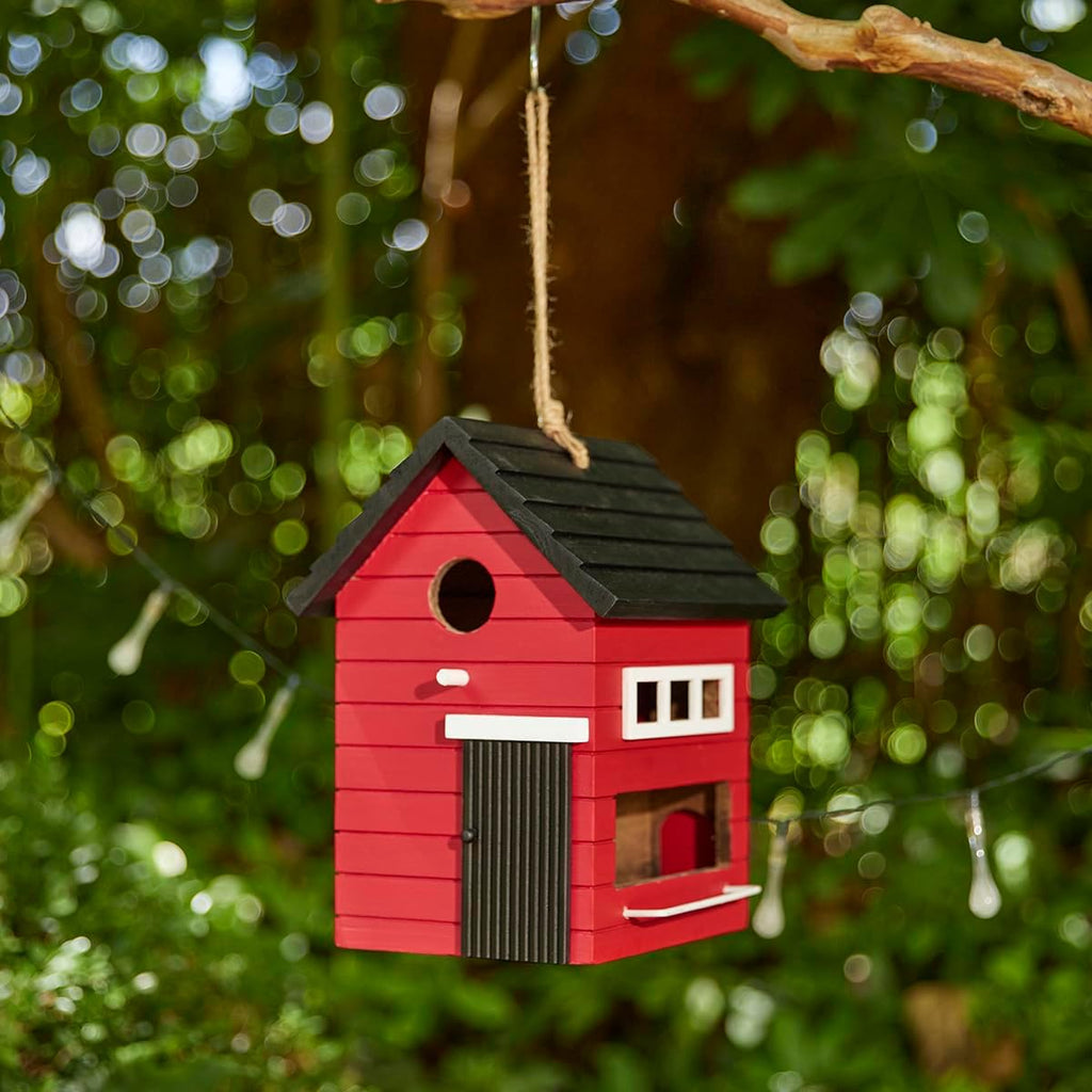 Glitzhome Hanging Bird House for Outside,10.25" H Modern Hand Painted Wooden Bird Houses for Outdoors, Functional and Decorative Bluebird Birdhouses Outdoor Garden Birdhouse, Red
