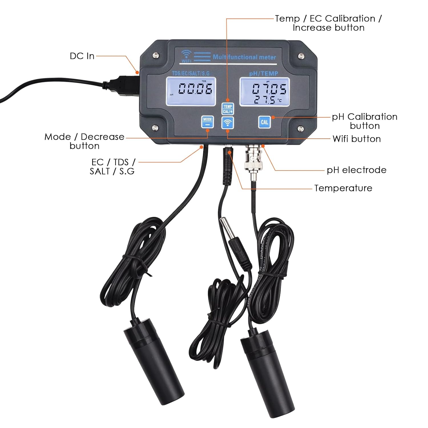 Water Quality Tester pH/EC/TDS/Salinity/SG/Temperature with Easy Calibration 24Hrs Online APP Monitoring for Fish Tank Aquariums Home Laboratory Smart Instrument