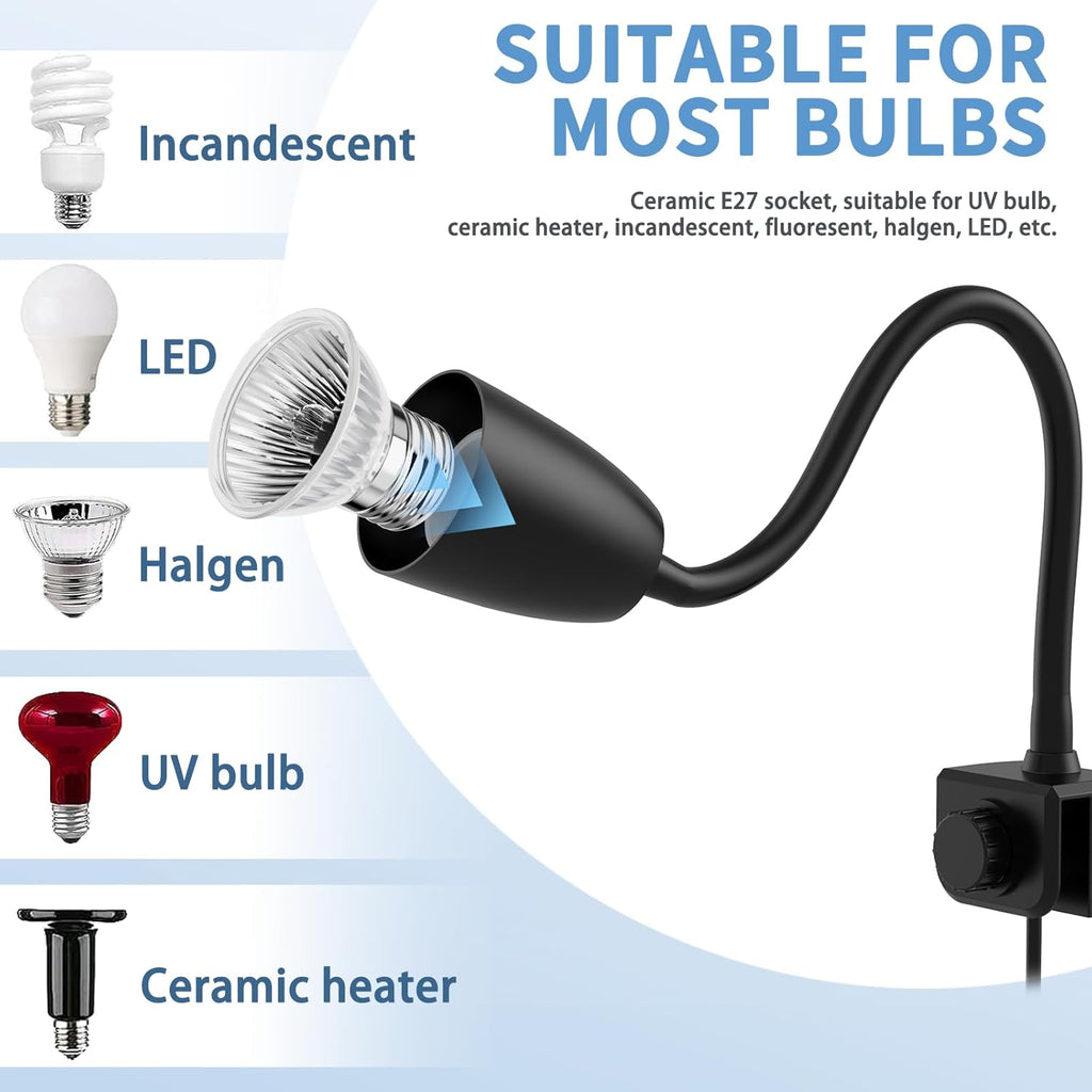 Upgrade Reptile Heat Lamp, 360° Rotatable Light Lamp with 2pcs Longlasting Basking Bulbs (25W + 50W), Suitable for Turtle, Bearded Dragon, Reptiles, Snake, Lizard (Black)