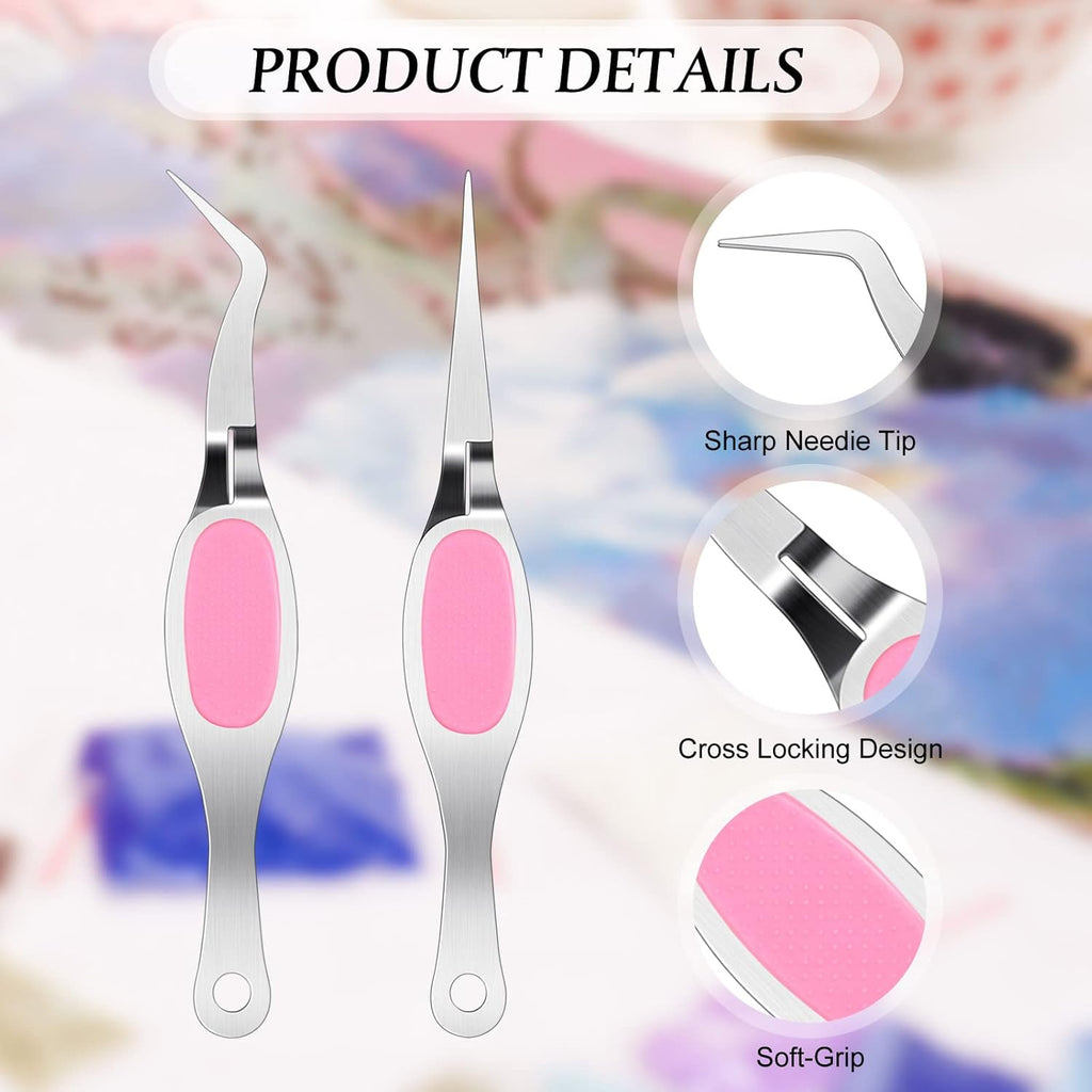 Chumia Reverse Tweezers Craft Crossing Lock Tweezers Reverse Grip Precision Curved Bent Straight Fine Tip for Craft Jewelry Beading Electronic Laboratory Work(Silver and Pink)