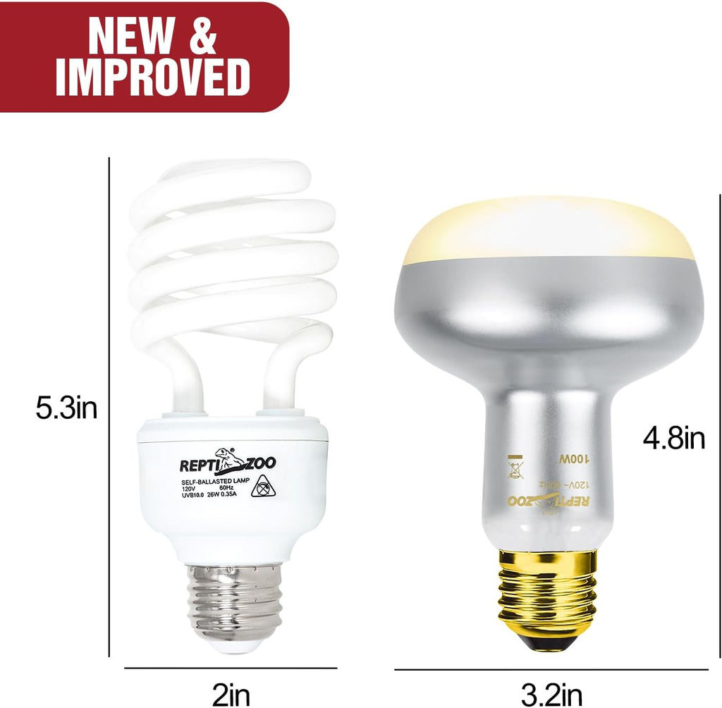 REPTI ZOO Reptile Heat Lamp Bulb and UVB 10.0 Reptile Light Combo Pack, 100W Intense Basking Spot Light UVA Heat Lamp Bulb, 26W Energy Saving UVA UVB Bulb Spiral Compact Bulb