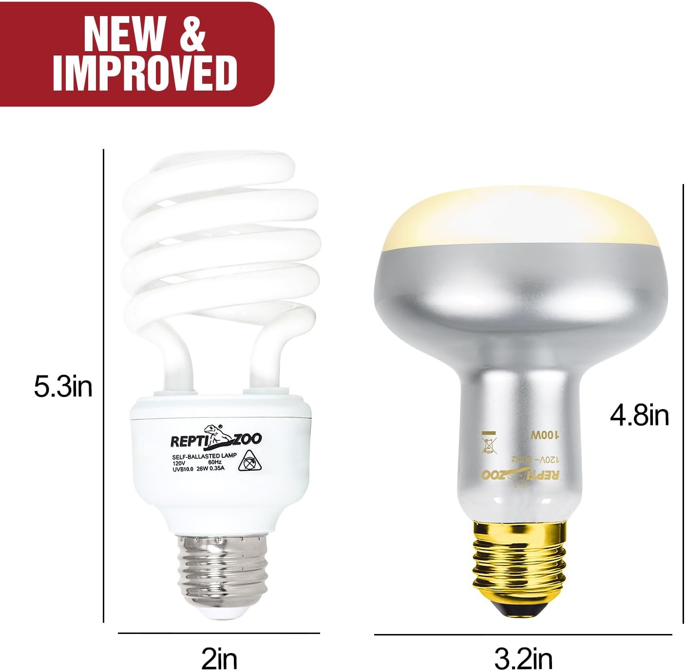 REPTI ZOO Reptile Heat Lamp Bulb and UVB 10.0 Reptile Light Combo Pack, 100W Intense Basking Spot Light UVA Heat Lamp Bulb, 26W Energy Saving UVA UVB Bulb Spiral Compact Bulb