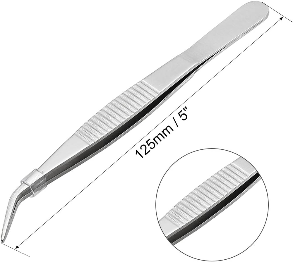 uxcell 2 Pcs 5-Inch Stainless Steel Tweezers with Curved Pointed Serrated Tip