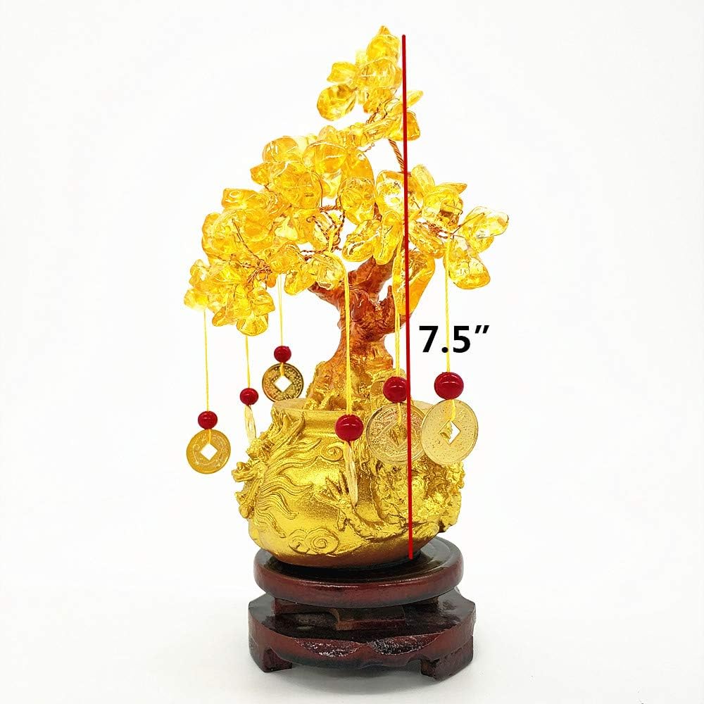 Feng Shui Citrine Quartz Crystal Money Tree Bonsai Style Decoration for Luck and Wealth (Dragon pots)