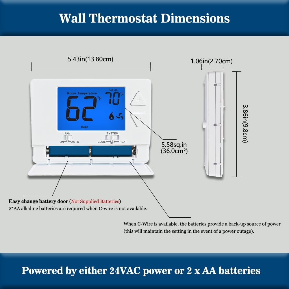 NonProgrammable Thermostat for House, Digital Energy-Saving Thermostat,Single-Stage Systems, 1 Heat/1 Cool, Easy DIY Install, Blue Backlight