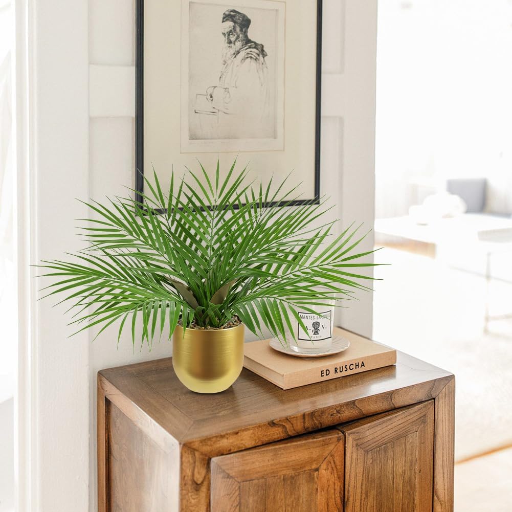 Briful Fake Plant 15.7’’ Artificial Palm Plant in Gold Pot Real Touch Faux Tropical Palm Tree Houseplant for Home Indoor Living Room Tabletop Balcony Decorations