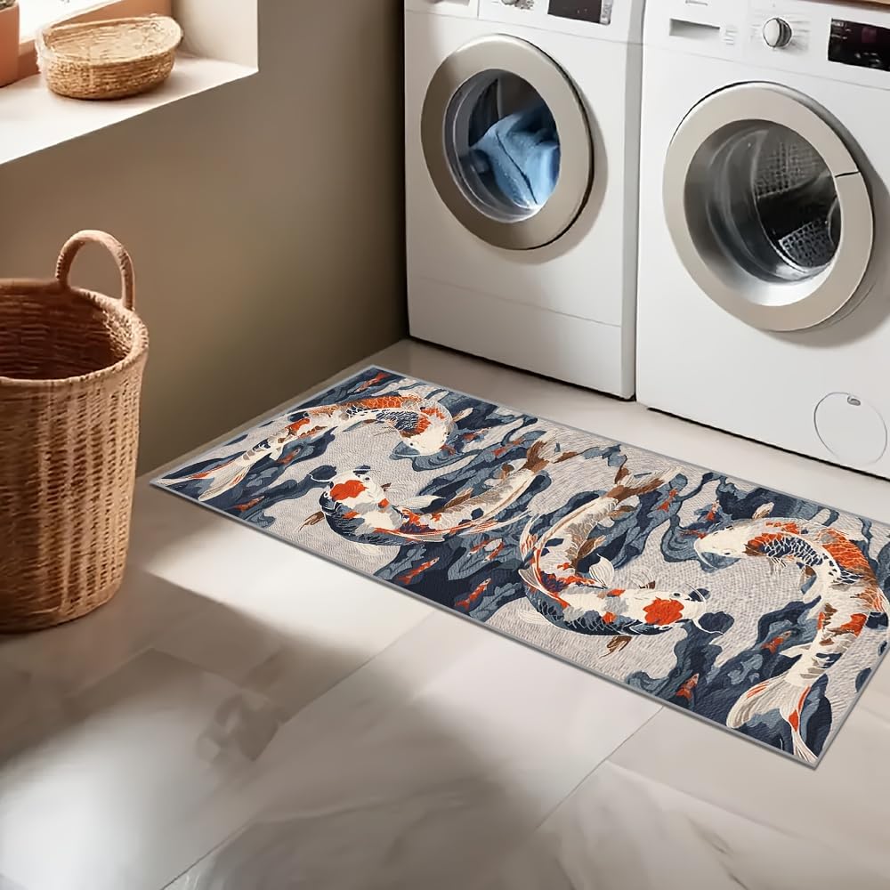 Chinese Koi Runner for Entryway, 3.3x10ft, Ink Painting Koi Fish Indoor Carpet, Breathable Soft Reduce Noise Kitchen Rug, Printed Fade Resistant Durable Rugs for Indoor Entry Kids Teen