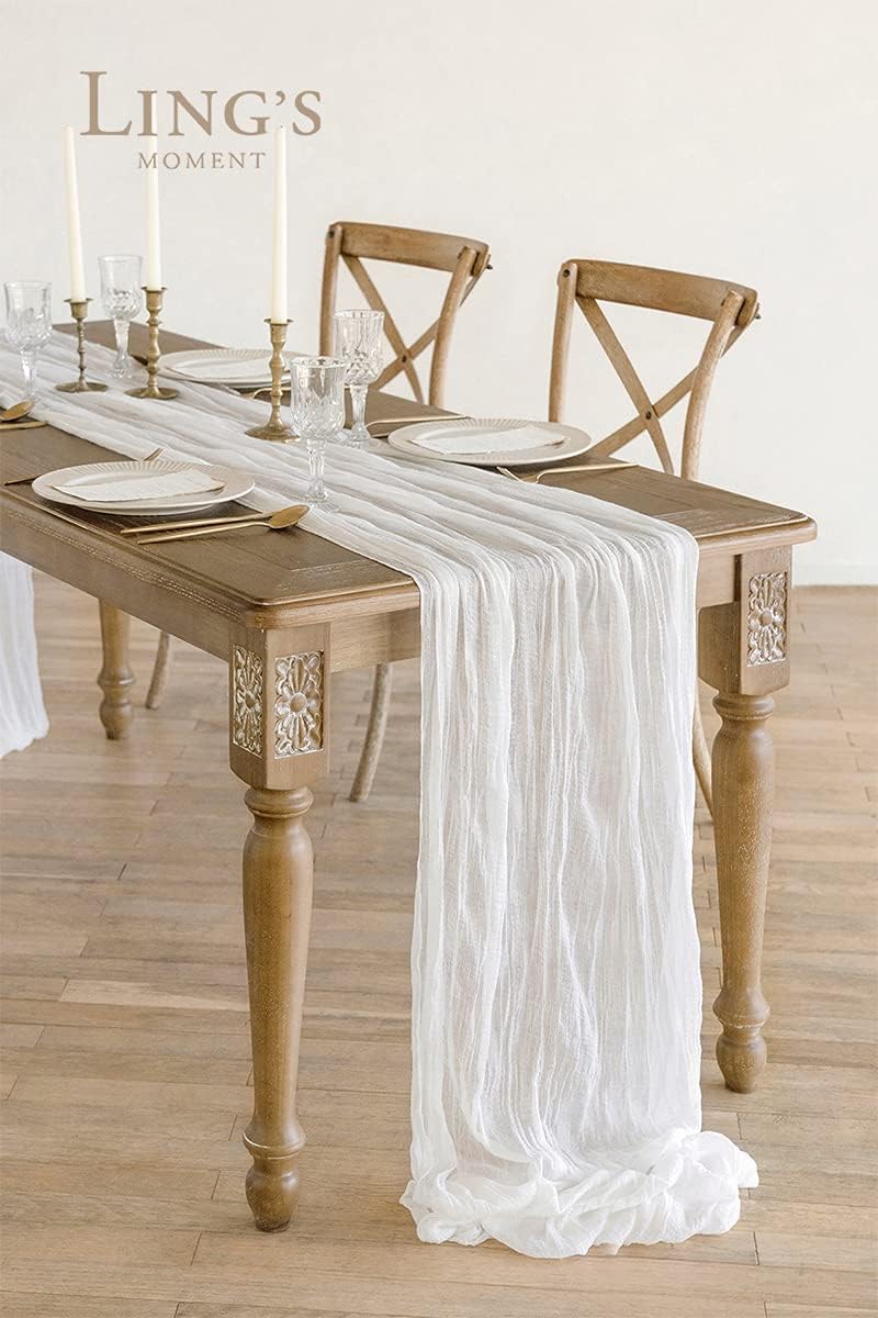 Ling's moment 14Ft x 35" Wide Brilliant White Gauze Semi-Sheer Table Runner Cheesecloth Tablecloth for Wedding Party Bridal Shower Boho Table Decor