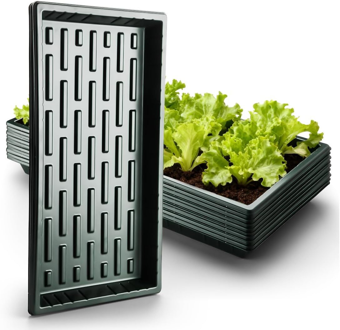 10 Pack Shallow 1020 Trays No Holes - Reusable 1.6" Deep Nursery Flats for 72/128 Cell Plug Tray, Heavy Duty Seed Starter Trays for Microgreens, Hydroponics & Seed Germination (Dark Green)