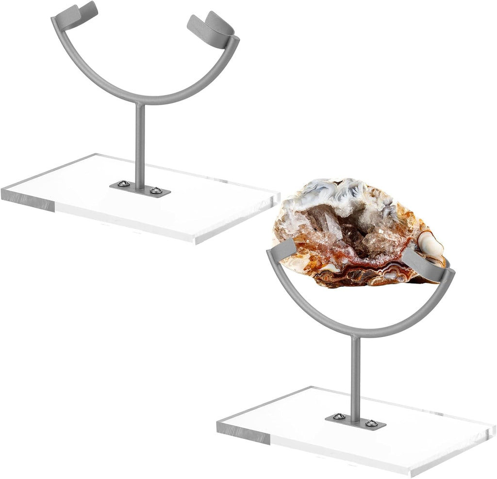 Marsui 2 Pcs Metal Rock Display Stand Crystal Holders One Arm Two Prong Display Easel Holder for Slab Slice Fossil Flat Minerals and Crystals (5.91 x 3.74 x 5.31 Inches,Silver)