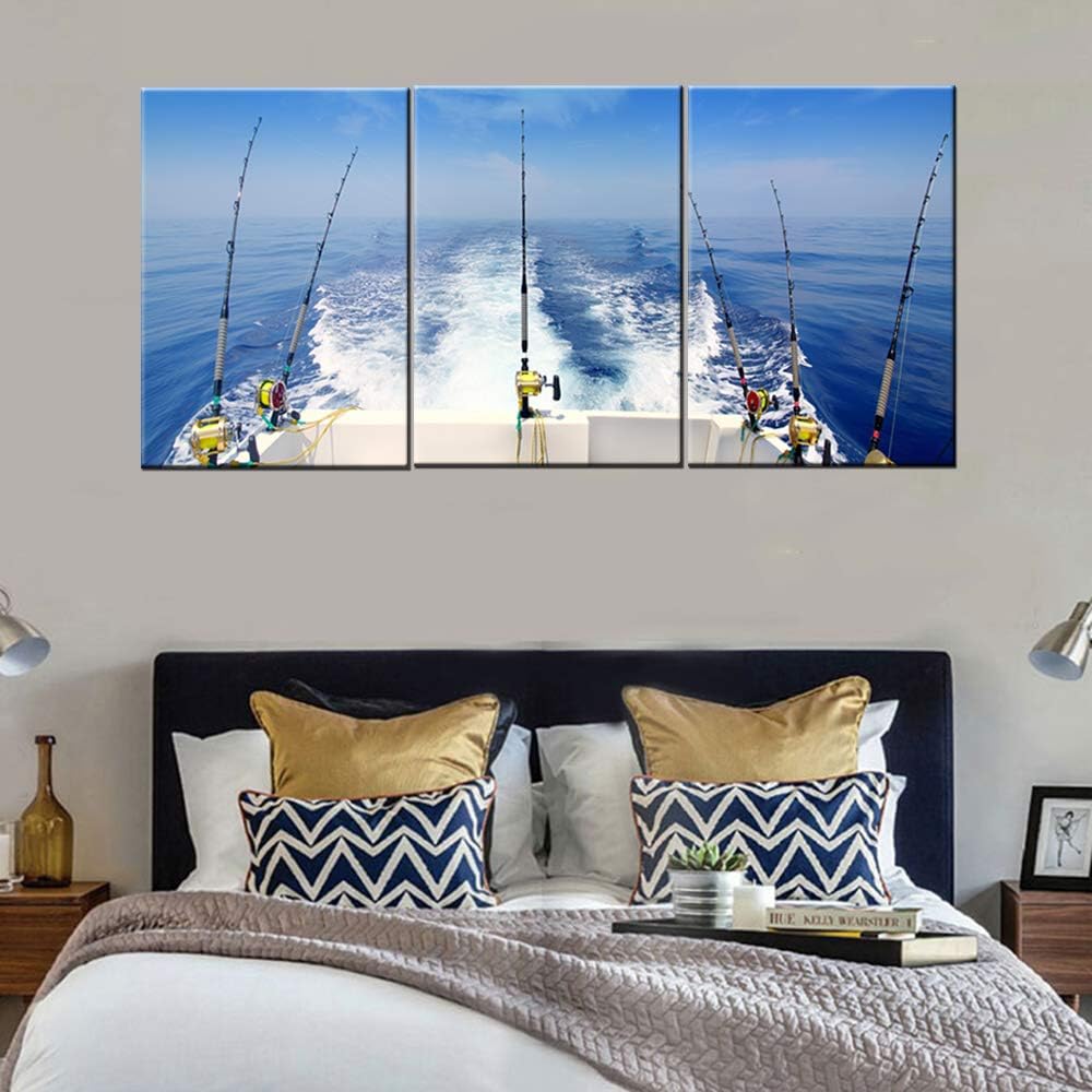 Angling Paintings for Living Room Fishing Tackle Wall Art Seascape Pictures 3 Panels Printed on Canvas Stretched Home Modern Decor Contemporary White Artwork Giclee Framed Ready to Hang(48''Wx 24''H)