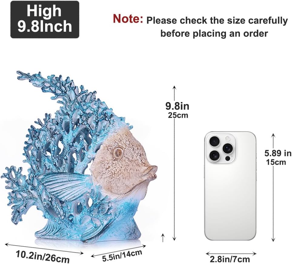 Beach Coastal Decor – 9.8in Turquoise Coral Reef Angelfish Figurine, Modern Nautical Ocean Sculpture Centerpiece for Living Room, Bathroom, Shelf, Coffee Table, Office or Beach House Gift