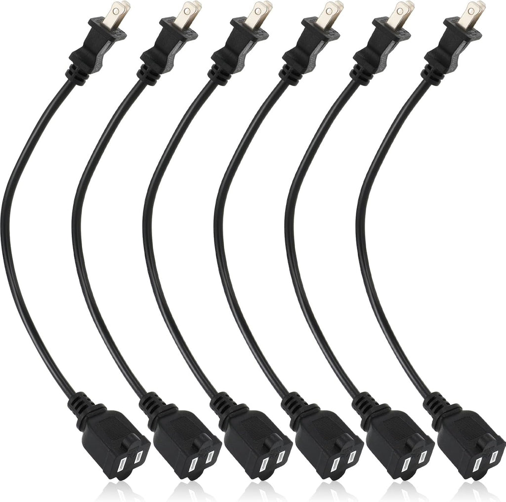 Kanayu 6pcs Black 2 Prong Extension Cords, Male and Female Power Cables, Flexible for Home, Office and Christmas Lights (1ft)