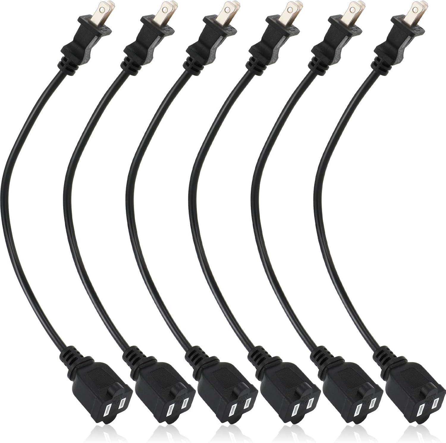 Kanayu 6pcs Black 2 Prong Extension Cords, Male and Female Power Cables, Flexible for Home, Office and Christmas Lights (1ft)