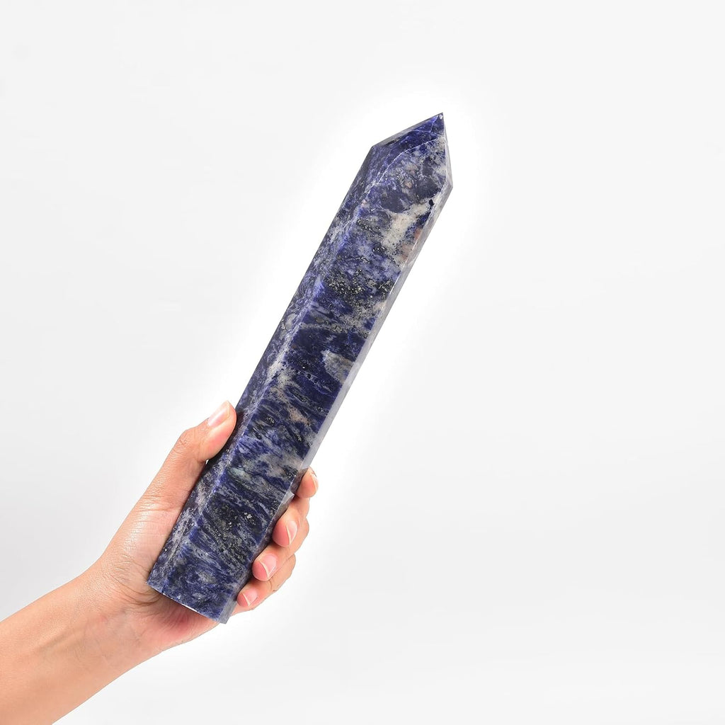JIC Gem Large Blue Sodalite Obelisk Tower Points Healing Crystal Wand 6 Faceted Blue Quartz Crystals Tower Wand Home Decor Reiki Healing 1.7-2.2 Lbs