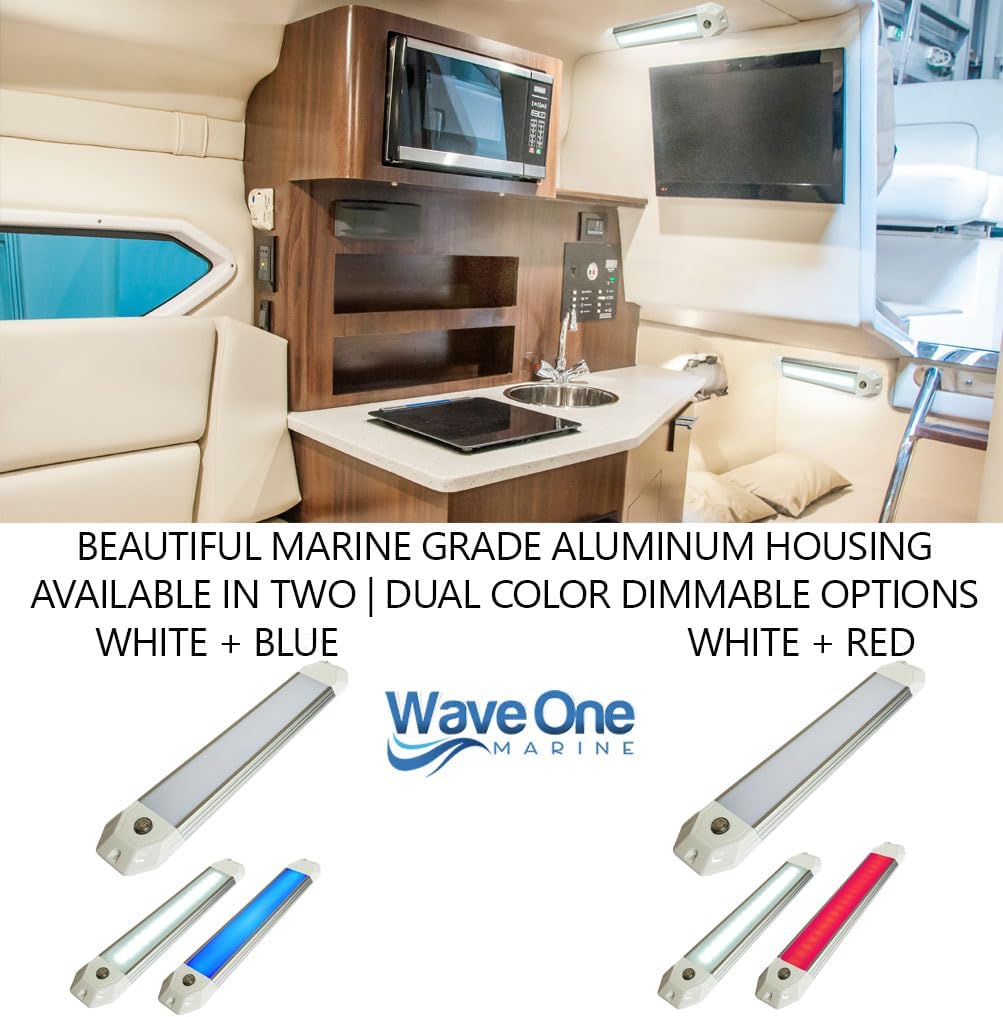 Wave One Marine 12" Dual Color Dimmable Dome Boat Light | 12V Volt RV Aluminum Housing Touch Dimmer Switch | IP67 Waterproof Interior Exterior (White | Red)