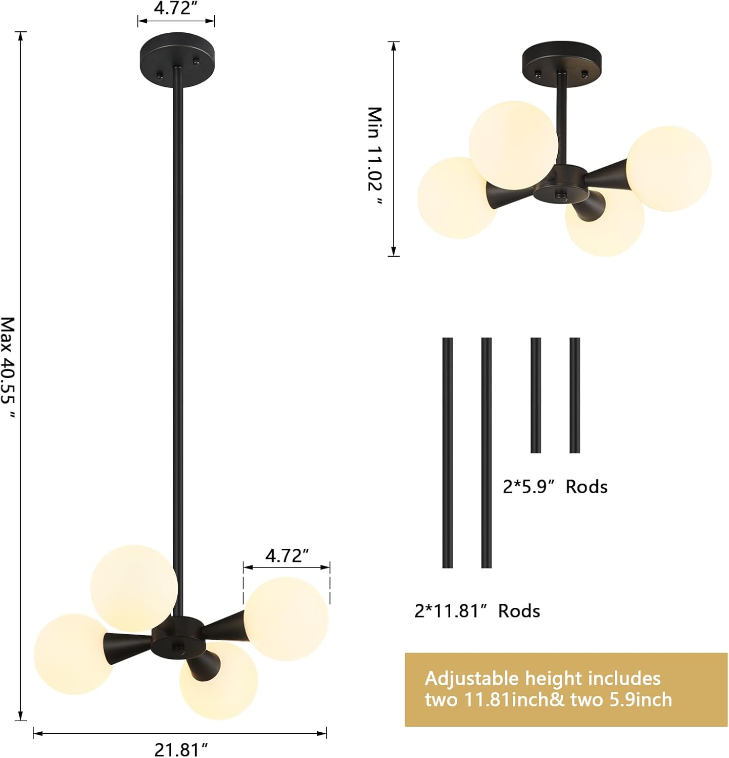 Modern Ceiling Light with Milk White Glass lampshade Black Semi Flush Mount Ceiling Light Fixture Sputnik Chandelier for Bedroom Living Room Dining Room Foyer Hallway(4-Lights)