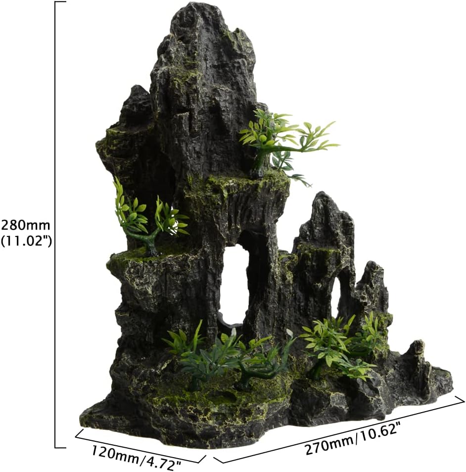 Saim Large and Tall Aquarium Mountain View Stone Decorations, Resin Rocks Aquascaping Cave Ornaments with Plants Fish Tank Accessories Betta Hideout Caves Rockery Landscape 11Inches High