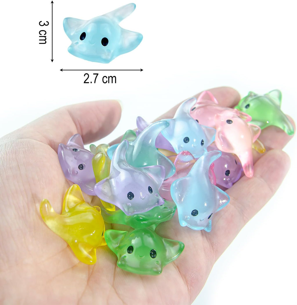 20Pcs Mini Resin Glow in The Dark Stingray Figurines - 6 Colors Realistic Cute Sting Ray Decorations for Terrarium Decor, Fairy Garden, Aquarium, Small Resin Animals with Storage Box