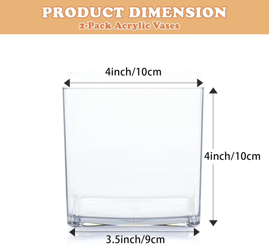 2 Pack Acrylic Cube Vases 4 X 4 Inch, Clear Square Vases, Shatterproof Flower Vase Decorative Centerpiece for Home, Wedding