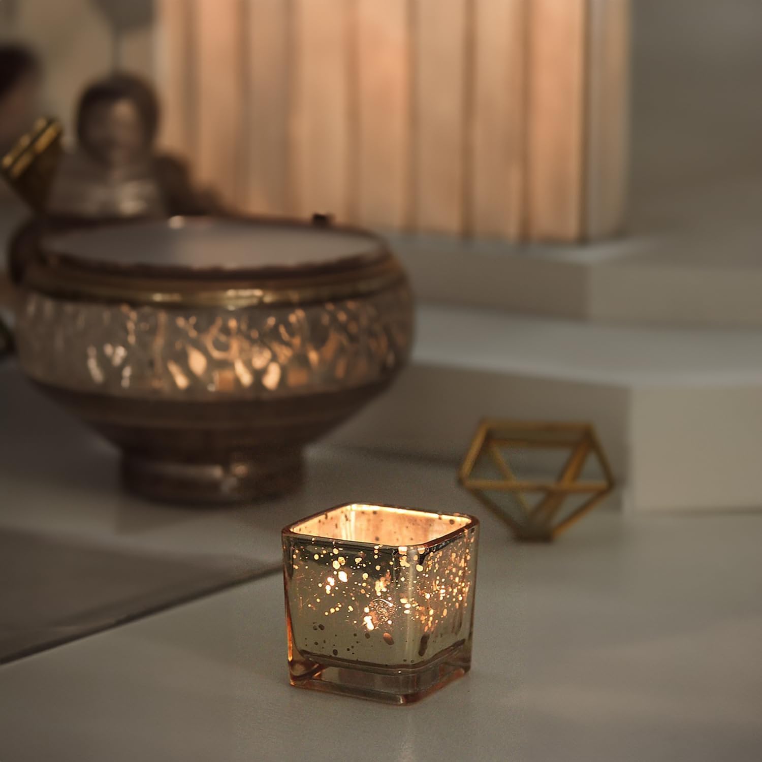 WGVI 24 Pcs Gold Speckled Square Glass Tea Light Votive Candle Holders, Width 2", Height 2", Small Cube CandleHolders Container Terrarium Tabletop Ambient Décor